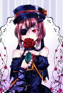 Rating: Safe Score: 0 Tags: 1girl bare_shoulders black_dress black_headwear covered_mouth detached_sleeves dress eyepatch flower hat image looking_at_viewer red_eyes red_flower red_hair red_rose rose short_hair solo souseiseki striped thorns upper_body vines User: admin
