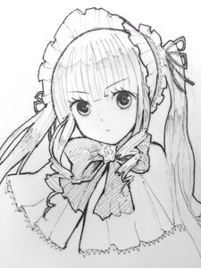 Rating: Safe Score: 0 Tags: 1girl drill_hair eyebrows_visible_through_hair greyscale image long_hair looking_at_viewer monochrome ribbon shinku simple_background solo traditional_media twintails upper_body User: admin