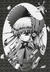 Rating: Safe Score: 0 Tags: 1girl bonnet bow bowtie dress flower greyscale image long_hair long_sleeves monochrome petals shinku solo upper_body User: admin