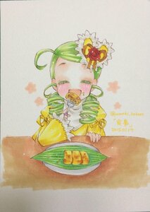 Rating: Safe Score: 0 Tags: 1girl ahoge closed_eyes colored_pencil_(medium) flower food green_hair hair_ornament holding image kanaria photo solo table traditional_media User: admin