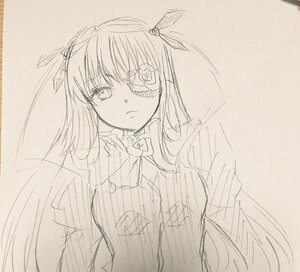 Rating: Safe Score: 0 Tags: 1girl barasuishou eyepatch frown hair_ribbon image long_hair long_sleeves looking_at_viewer monochrome ribbon sketch solo upper_body very_long_hair User: admin