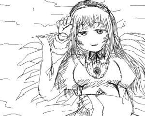 Rating: Safe Score: 0 Tags: 1girl blush closed_mouth dress greyscale image long_hair looking_at_viewer monochrome sketch smile solo suigintou upper_body wings User: admin