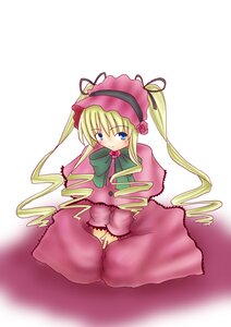 Rating: Safe Score: 0 Tags: 1girl blonde_hair blue_eyes bow bowtie dress flower full_body image long_hair long_sleeves looking_at_viewer shinku sitting solo twintails User: admin