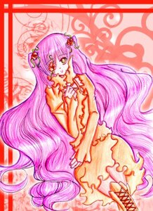 Rating: Safe Score: 0 Tags: 1girl dress food frills fruit hair_ornament image kirakishou long_hair long_sleeves looking_at_viewer pink_hair solo standing very_long_hair yellow_eyes User: admin