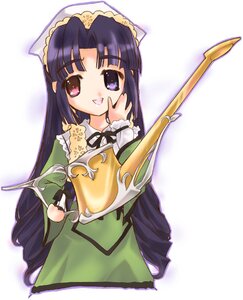 Rating: Safe Score: 0 Tags: 1girl :d bangs cowboy_shot dress green_dress holding image long_hair long_sleeves looking_at_viewer maid_headdress open_mouth red_eyes simple_background smile solo suiseiseki very_long_hair User: admin