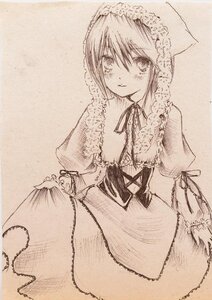 Rating: Safe Score: 0 Tags: 1girl blush closed_mouth dress eyebrows_visible_through_hair frills image long_sleeves looking_at_viewer monochrome puffy_sleeves ribbon smile solo suiseiseki traditional_media User: admin