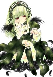 Rating: Safe Score: 0 Tags: 1girl black_wings boots dress feathers frills full_body hairband image leg_garter long_hair long_sleeves looking_at_viewer red_eyes ribbon simple_background sitting solo suigintou white_background wings User: admin