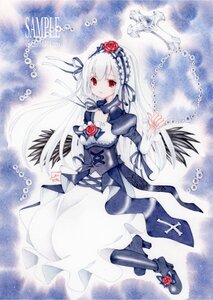 Rating: Safe Score: 0 Tags: 1girl black_wings dress feathers flower frills hairband image long_hair long_sleeves puffy_sleeves red_eyes ribbon rose solo suigintou traditional_media white_hair wings User: admin