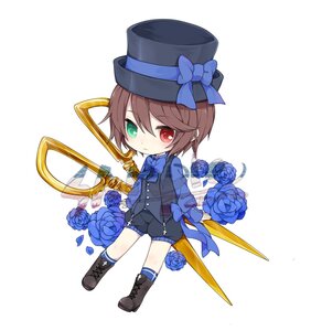 Rating: Safe Score: 0 Tags: 1boy blue_bow blue_flower blue_neckwear blue_rose bow brown_hair chibi flower full_body green_eyes hat heterochromia image looking_at_viewer red_eyes rose shorts solo souseiseki striped top_hat User: admin