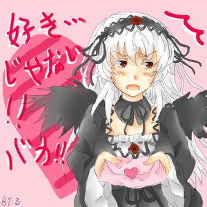 Rating: Safe Score: 0 Tags: 1girl black_dress black_wings blush dress flower frills hairband heart holding image lolita_hairband long_hair long_sleeves looking_at_viewer open_mouth pink_background red_eyes ribbon rose solo suigintou upper_body wings User: admin