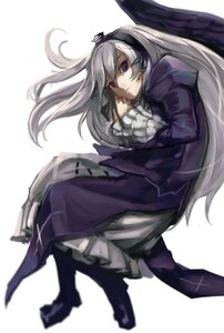 Rating: Safe Score: 0 Tags: 1girl blurry boots depth_of_field dress floating_hair frilled_sleeves frills hairband image long_hair long_sleeves looking_at_viewer purple_eyes silver_hair simple_background solo suigintou white_background wings User: admin