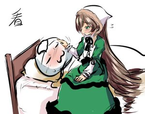 Rating: Safe Score: 0 Tags: 1girl apron blush brown_hair dress flying_sweatdrops frills green_dress green_eyes head_scarf image juliet_sleeves long_hair long_sleeves puffy_sleeves simple_background solo suiseiseki very_long_hair white_background User: admin