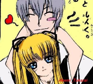 Rating: Safe Score: 0 Tags: 1boy 1girl blonde_hair blue_eyes blush closed_eyes heart image shinku silver_hair simple_background smile solo User: admin