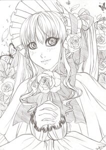 Rating: Safe Score: 0 Tags: 1girl bug butterfly flower greyscale hair_ribbon image insect long_hair long_sleeves looking_at_viewer monochrome ribbon rose shinku solo thorns traditional_media white_rose User: admin