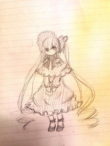 Rating: Safe Score: 0 Tags: 1girl blush capelet dress drill_hair frills full_body image lolita_fashion long_hair long_sleeves looking_at_viewer monochrome shinku solo standing twintails very_long_hair User: admin