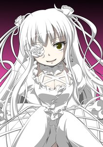 Rating: Safe Score: 0 Tags: 1girl dress eyepatch flower frills image kirakishou long_hair monochrome rose sitting smile solo thorns two_side_up white_flower white_rose yellow_eyes User: admin