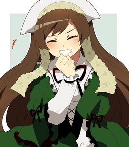 Rating: Safe Score: 0 Tags: 1girl ^_^ apron blush brown_hair checkered_background closed_eyes dress frills green_dress grin head_scarf image long_hair long_sleeves smile solo suiseiseki User: admin