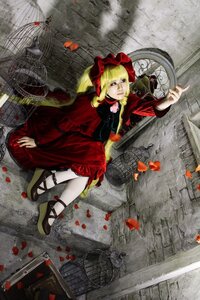 Rating: Safe Score: 0 Tags: 1girl blonde_hair blue_eyes dress flower mary_janes petals red_dress ribbon rose shinku shoes sitting solo User: admin