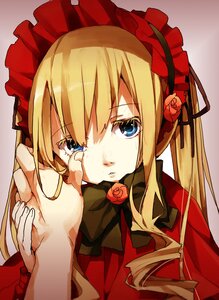 Rating: Safe Score: 0 Tags: 1girl blonde_hair blue_eyes bonnet bow bowtie drill_hair flower hand_on_another's_cheek hand_on_another's_face hands image long_hair red_flower red_rose rose shinku solo solo_focus twintails User: admin