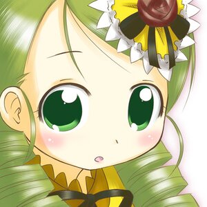 Rating: Safe Score: 0 Tags: 1girl blush drill_hair eyebrows_visible_through_hair face flower green_eyes green_hair image kanaria looking_at_viewer portrait rose simple_background solo User: admin