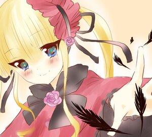 Rating: Safe Score: 0 Tags: 1girl blonde_hair blue_eyes blush dress feathers flower image long_hair pink_flower pink_rose ribbon rose shinku smile solo User: admin