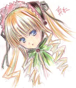 Rating: Safe Score: 0 Tags: 1girl blonde_hair blue_eyes blush bonnet bow bowtie green_bow green_neckwear image long_hair looking_at_viewer marker_(medium) portrait ribbon shinku simple_background solo traditional_media white_background User: admin