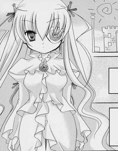 Rating: Safe Score: 0 Tags: 1girl barasuishou brooch dress expressionless eyepatch flower frills greyscale hair_ribbon image long_hair long_sleeves looking_at_viewer monochrome ribbon rose solo traditional_media very_long_hair User: admin