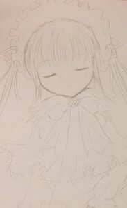 Rating: Safe Score: 0 Tags: 1girl bangs blush bonnet closed_eyes closed_mouth dress facing_viewer flower image long_hair monochrome rose shinku simple_background solo traditional_media User: admin