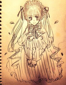 Rating: Safe Score: 0 Tags: 1girl bonnet dress frills image long_hair long_sleeves looking_at_viewer monochrome petals shinku smile solo twintails very_long_hair User: admin