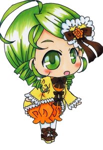 Rating: Safe Score: 0 Tags: 1girl ahoge blush bow chibi dress drill_hair flower full_body green_eyes green_hair image kanaria long_sleeves open_mouth rose simple_background solo standing twin_drills white_background User: admin