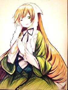 Rating: Safe Score: 0 Tags: 1girl blonde_hair choker dress green_dress green_eyes head_scarf image long_hair long_sleeves one_eye_closed open_mouth ribbon solo suiseiseki traditional_media very_long_hair User: admin