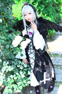 Rating: Safe Score: 0 Tags: 1girl dress flower gothic_lolita hairband long_hair long_sleeves looking_at_viewer outdoors red_eyes silver_hair solo standing suigintou wings User: admin