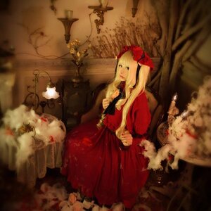 Rating: Safe Score: 0 Tags: 1girl blonde_hair bow candle dress fireplace indoors long_hair long_sleeves red_dress shinku sitting solo stuffed_animal twintails User: admin