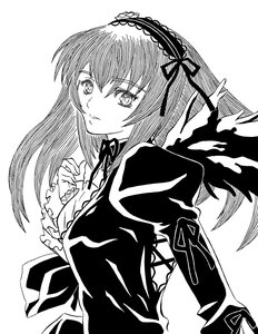 Rating: Safe Score: 0 Tags: 1girl closed_mouth dress eyebrows_visible_through_hair frills greyscale hairband image juliet_sleeves long_hair long_sleeves looking_at_viewer monochrome ribbon simple_background solo suigintou upper_body white_background wings User: admin