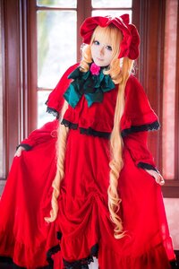 Rating: Safe Score: 0 Tags: 1girl blonde_hair blue_eyes bonnet bow bowtie capelet curtains dress flower full_body indoors long_hair long_sleeves looking_at_viewer red_dress rose shinku solo standing twintails window User: admin