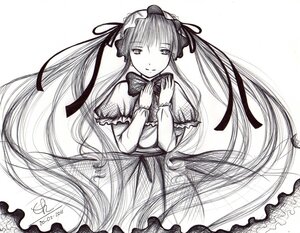 Rating: Safe Score: 0 Tags: 1girl artist_name capelet dated dress frills greyscale hairband image lolita_fashion lolita_hairband long_hair long_sleeves looking_at_viewer monochrome own_hands_together ribbon shinku signature smile solo traditional_media very_long_hair User: admin