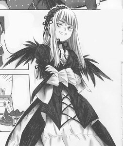 Rating: Safe Score: 0 Tags: 1girl 2girls dress frills greyscale image long_hair long_sleeves monochrome multiple_girls smile solo suigintou traditional_media umbrella User: admin