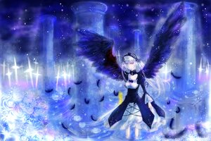 Rating: Safe Score: 0 Tags: 1girl black_wings dress feathered_wings feathers flower hairband image long_hair red_eyes silver_hair sky solo star_(sky) starry_sky suigintou wings User: admin