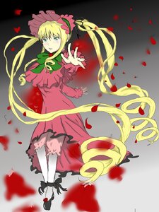 Rating: Safe Score: 0 Tags: 1girl blonde_hair blue_eyes blush bonnet bow capelet dress flower full_body image long_hair long_sleeves petals red_dress rose_petals shinku shoes solo standing twintails very_long_hair User: admin