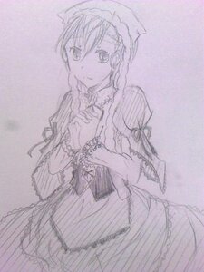 Rating: Safe Score: 0 Tags: 1girl braid dress frills hat image long_sleeves looking_at_viewer monochrome own_hands_together puffy_sleeves purple_theme solo suiseiseki traditional_media twin_braids User: admin