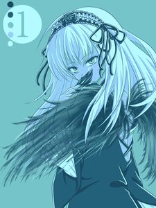 Rating: Safe Score: 0 Tags: 1girl blue_background blue_theme covering_mouth dress eyebrows_visible_through_hair hair_ribbon hairband image lolita_hairband long_hair long_sleeves looking_at_viewer monochrome ribbon simple_background solo suigintou upper_body wings User: admin