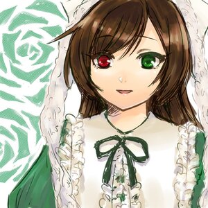 Rating: Safe Score: 0 Tags: 1girl bangs black_ribbon brown_hair dress eyebrows_visible_through_hair frills green_eyes hat head_scarf heterochromia image long_hair long_sleeves looking_at_viewer neck_ribbon red_eyes ribbon simple_background smile solo suiseiseki upper_body white_background User: admin