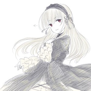 Rating: Safe Score: 0 Tags: 1girl bangs dress eyebrows_visible_through_hair frilled_sleeves frills hairband image long_hair long_sleeves looking_at_viewer monochrome red_eyes simple_background smile solo suigintou white_background wings User: admin