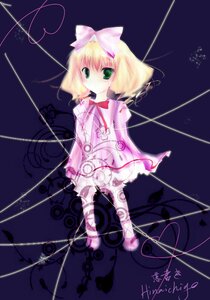 Rating: Safe Score: 0 Tags: 1girl blonde_hair bow frills full_body green_eyes hair_bow heart heart_of_string hinaichigo image long_sleeves pink_bow pink_dress pink_legwear short_hair signature silk solo spider_web standing string string_of_fate striped striped_legwear thread User: admin