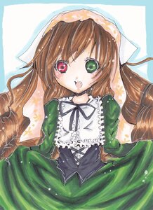 Rating: Safe Score: 0 Tags: 1girl :d brown_hair dress frills green_dress green_eyes hat head_scarf heterochromia image long_hair long_sleeves looking_at_viewer open_mouth red_eyes ribbon smile solo suiseiseki traditional_media very_long_hair User: admin