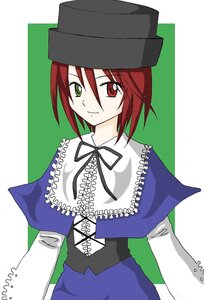 Rating: Safe Score: 0 Tags: 1girl auto_tagged blue_dress capelet dress green_background green_eyes hat heterochromia image long_sleeves looking_at_viewer red_eyes ribbon short_hair simple_background solo souseiseki User: admin