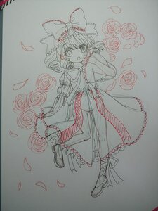 Rating: Safe Score: 0 Tags: 1girl bow detached_sleeves flower hair_bow hair_tubes hakurei_reimu hinaichigo image long_sleeves looking_at_viewer monochrome open_mouth petals shoes short_hair smile solo traditional_media User: admin