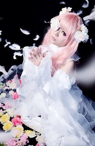 Rating: Safe Score: 0 Tags: 1girl bare_shoulders dove dress feathers flower hair_ornament kirakishou lips looking_at_viewer pink_hair pink_rose rose solo white_dress white_flower white_rose User: admin