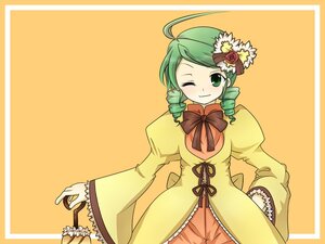 Rating: Safe Score: 0 Tags: 1girl ahoge bow dress drill_hair flower frills green_eyes green_hair hair_ornament image kanaria long_sleeves one_eye_closed puffy_sleeves simple_background solo twin_drills yellow_background User: admin