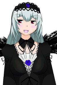 Rating: Safe Score: 0 Tags: 1girl black_dress blue_flower blush dress flower frills hairband image lolita_hairband long_hair long_sleeves looking_at_viewer open_mouth red_eyes rose silver_hair simple_background smile solo suigintou upper_body white_background User: admin